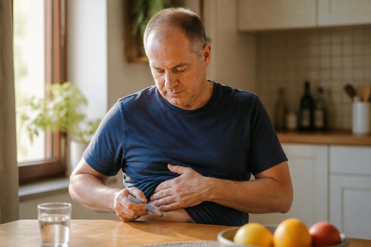 A middle-aged man with thinning hair self-administering a weight-loss injection pen at his kitchen table