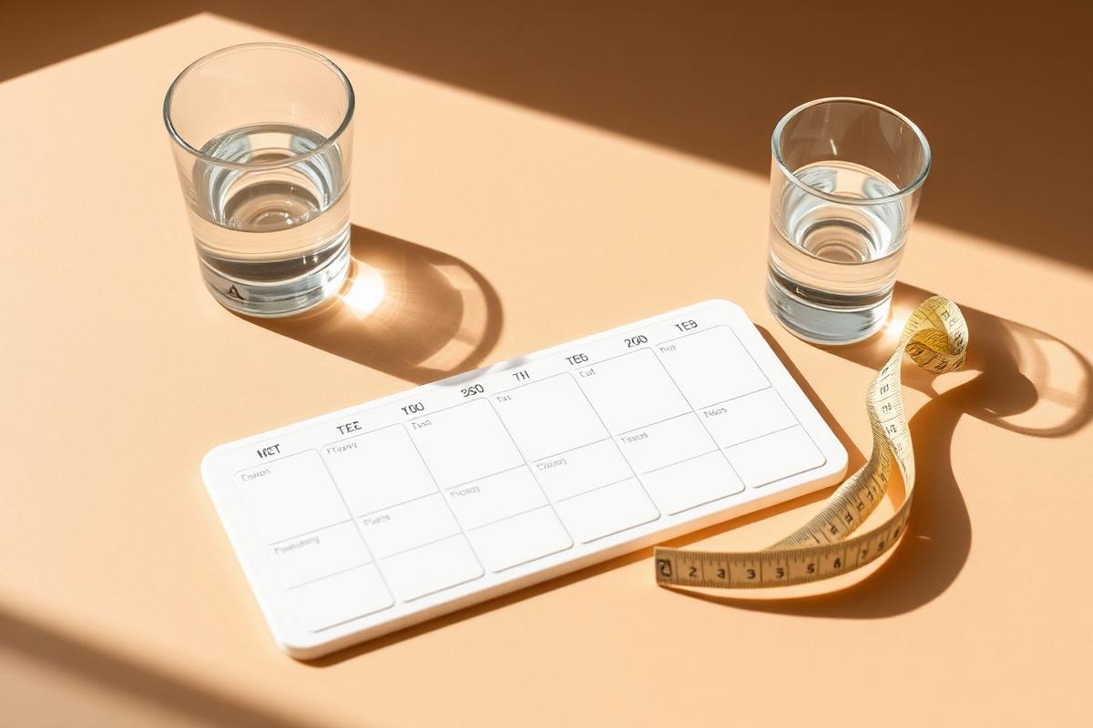 A weekly pill organiser, measuring tape and glass of water on a warm surface
